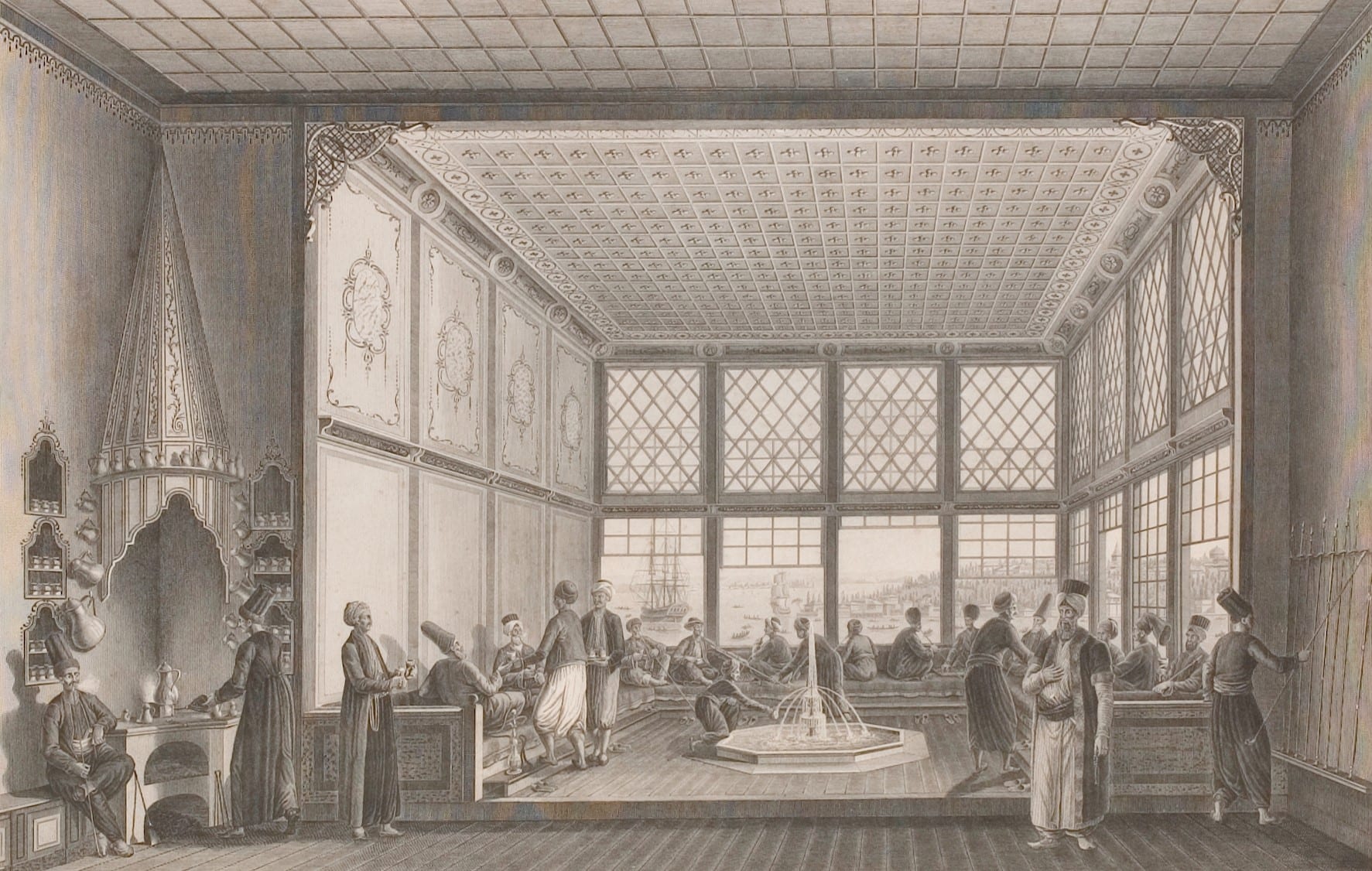 Interior of an Ottoman coffeehouse, from Melling's Voyage pittoresque de Constantinople, 1819.